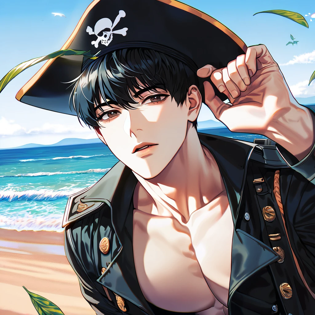 (absurdres, highres, ultra detailed, HDR) master piece, best quality, perfect face, delicated features, Kim Dokja, black hair, expressive brown eyes, Omniscient reader's viewpoint, solo, sexy man, handsome, toned chest, pirate clothes, black hat, sea, beach, leaves flying around