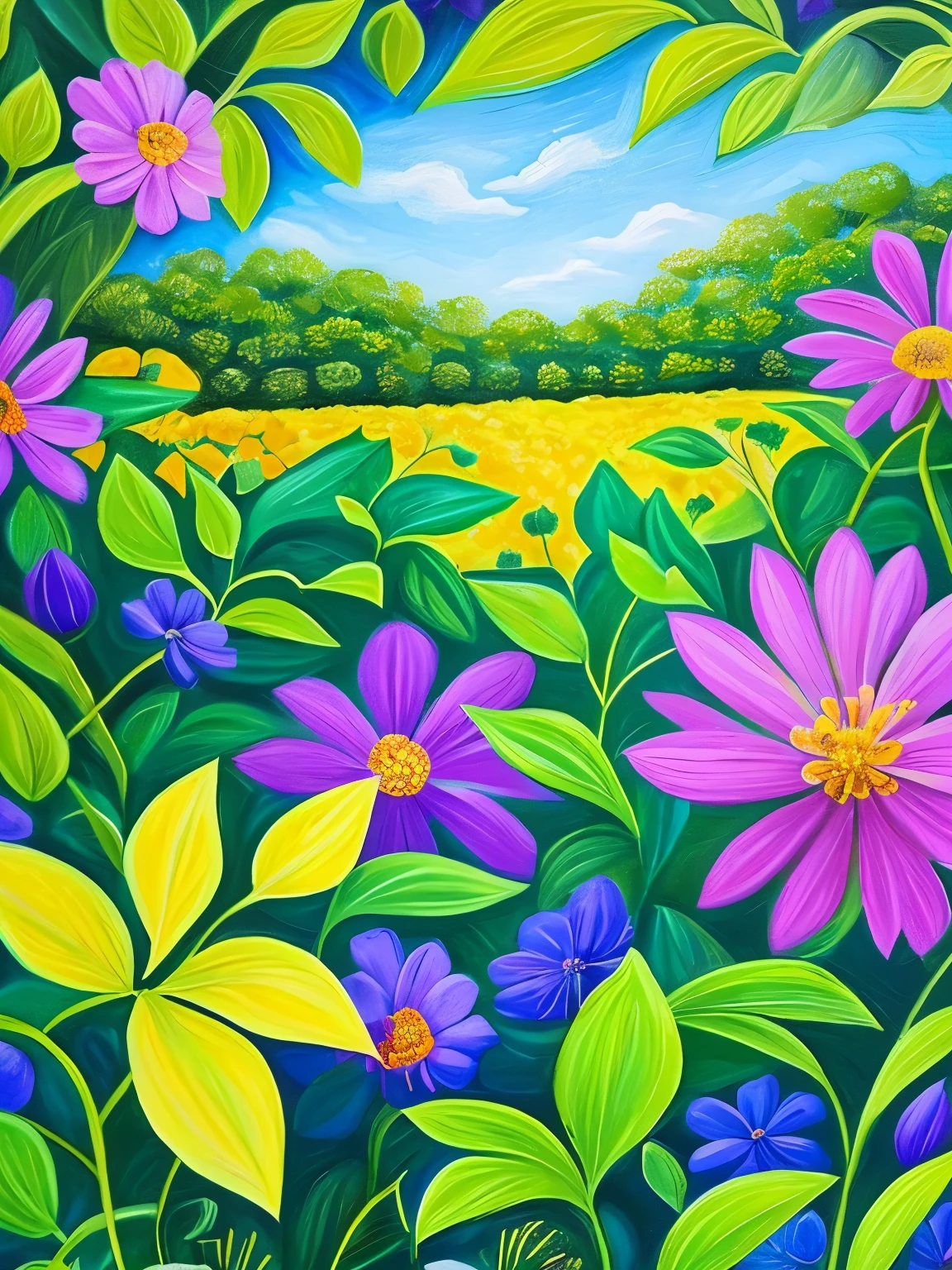 painting of a painting of a field of flowers with a sky background, a detailed painting inspired by Pamela Ascherson, trending on cg society, metaphysical painting, blue and purple plants, vines and blue foliage, forest with flowers blue, blue forest, blue and violet, plants growing on it. gouache, lush garden leaves and flowers, detailed acrylic painting, blue and purple