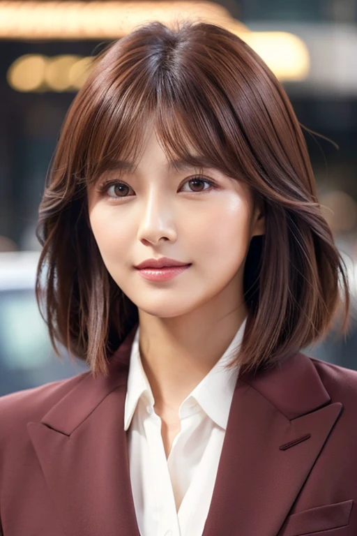 woman。Japanese。27age。Maroon brown soft color hair。Her hair is cut to shoulder length。A well-defined face。。Deeply carved features that look great with makeup。A winning beauty。In a suit