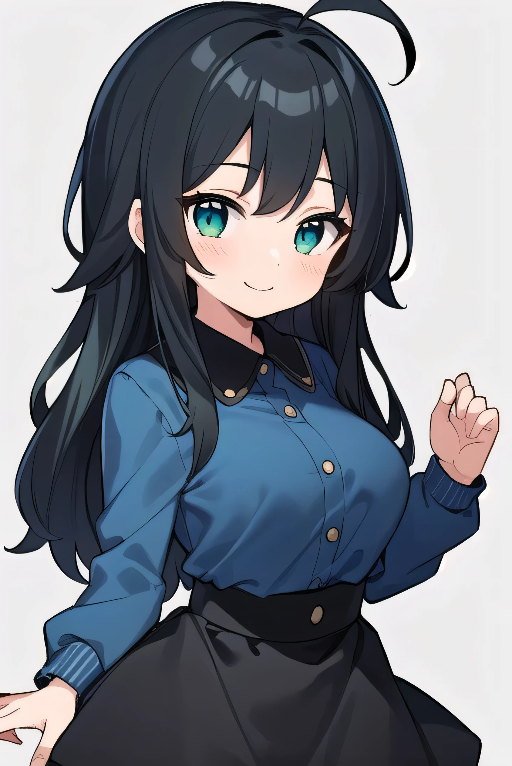 Junior high school student who looks like an elementary school student, 14 years old, very short, 140 cm tall, black hair with a slight green tinge, short ahoge, beautiful long hair but with a little hair sticking out, beautiful round eyes, blue eyes, smile, boyish, long sleeves, Thick clothes, skirt, big breasts, hair longer than waist, long hair, childish face, gentle smile, a little shy, black skirt, black hair with a slight green tinge, boyish, gentle smile, jacket one size larger, ( Deep greenish black hair: 1.3)