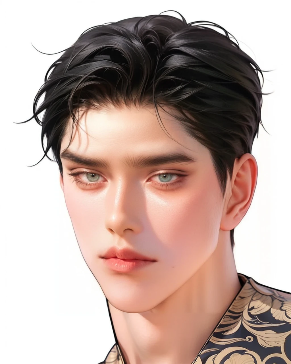 4k, high resolution, best quality, masterpiece, perfect color, perfect shade, perfect lighting, Posted by e621, portrait, handsome man, perfect male figure, Short hair details，chest muscles，abdominal muscles，Naked torso,  Detailed face, perfect face, stood up, Detailed background, Bonifasco Lighting, delicate eyes, black hair, black eye, 