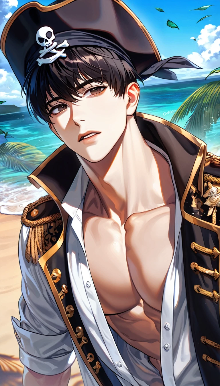 (absurdres, highres, ultra detailed, HDR) master piece, best quality, perfect face, delicated features, Kim Dokja, black hair, expressive brown eyes, Omniscient reader's viewpoint, solo, sexy man, handsome, toned chest, pirate clothes, black hat, sea, beach, leaves flying around