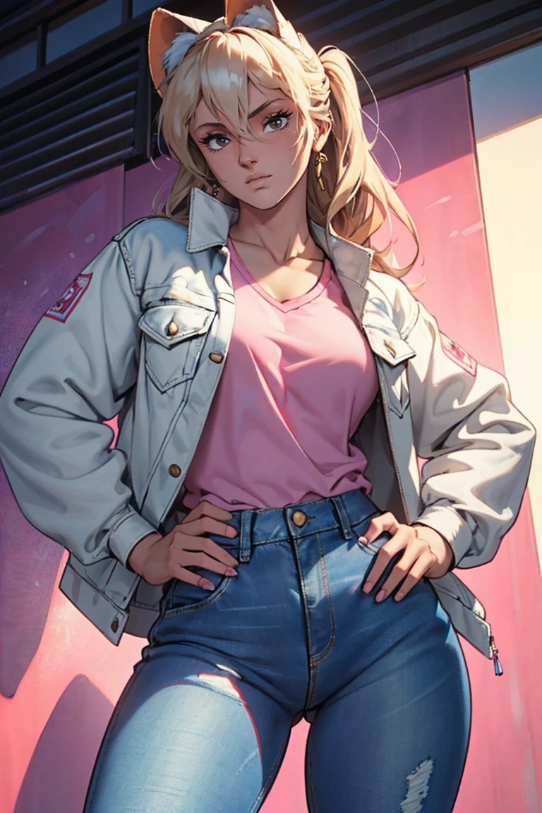 masterpiece, ultra quality, Beautiful detailed, extremely detailed,16K, exquisite, highres, Beautiful background, Beautiful eye, Beautiful skin, Bold line, anime style, chest focus, (Kaori stands with her hands on her hips, wearing a pink shirt over a white denim jacket and blue denim jeans.), Kaori, 1 girl, alone, 27 years old, gesturing with sexy genitals pose, cheeky pose, Tomboy, woman's whole body, perfect figure, anger, blush, erotic, fascinating, Charm, beautiful woman face, deep red eyes, well-shaped eyelashes, Perfect eyes, beautiful woman, slender body, beautiful big breasts, cleavage, perfectly chiseled abs, beautiful long legs), white denim jacket, pink t-shirt, Blue denim jeans, (perfect arms, perfect hands, perfect fingers, perfect anatomy), humid, humid, (looking at the viewer), indoor, perfect quality, good quality, masterpiece, HDR, UHD,