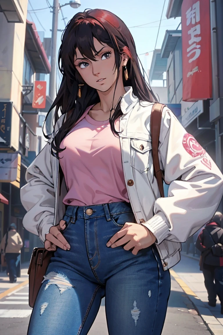 masterpiece, ultra quality, Beautiful detailed, extremely detailed,16K, exquisite, highres, Beautiful background, Beautiful eye, Beautiful skin, Bold line, anime style, chest focus, (Kaori stands with her hands on her hips, wearing a pink shirt over a white denim jacket and blue denim jeans.), Kaori, 1 girl, alone, 27 years old, gesturing with sexy genitals pose, cheeky pose, Tomboy, woman's whole body, perfect figure, anger, blush, erotic, fascinating, Charm, beautiful woman face, deep red eyes, well-shaped eyelashes, Perfect eyes, beautiful woman, slender body, beautiful big breasts, cleavage, perfectly chiseled abs, beautiful long legs), white denim jacket, pink t-shirt, Blue denim jeans, (perfect arms, perfect hands, perfect fingers, perfect anatomy), humid, humid, (looking at the viewer), indoor, perfect quality, good quality, masterpiece, HDR, UHD,