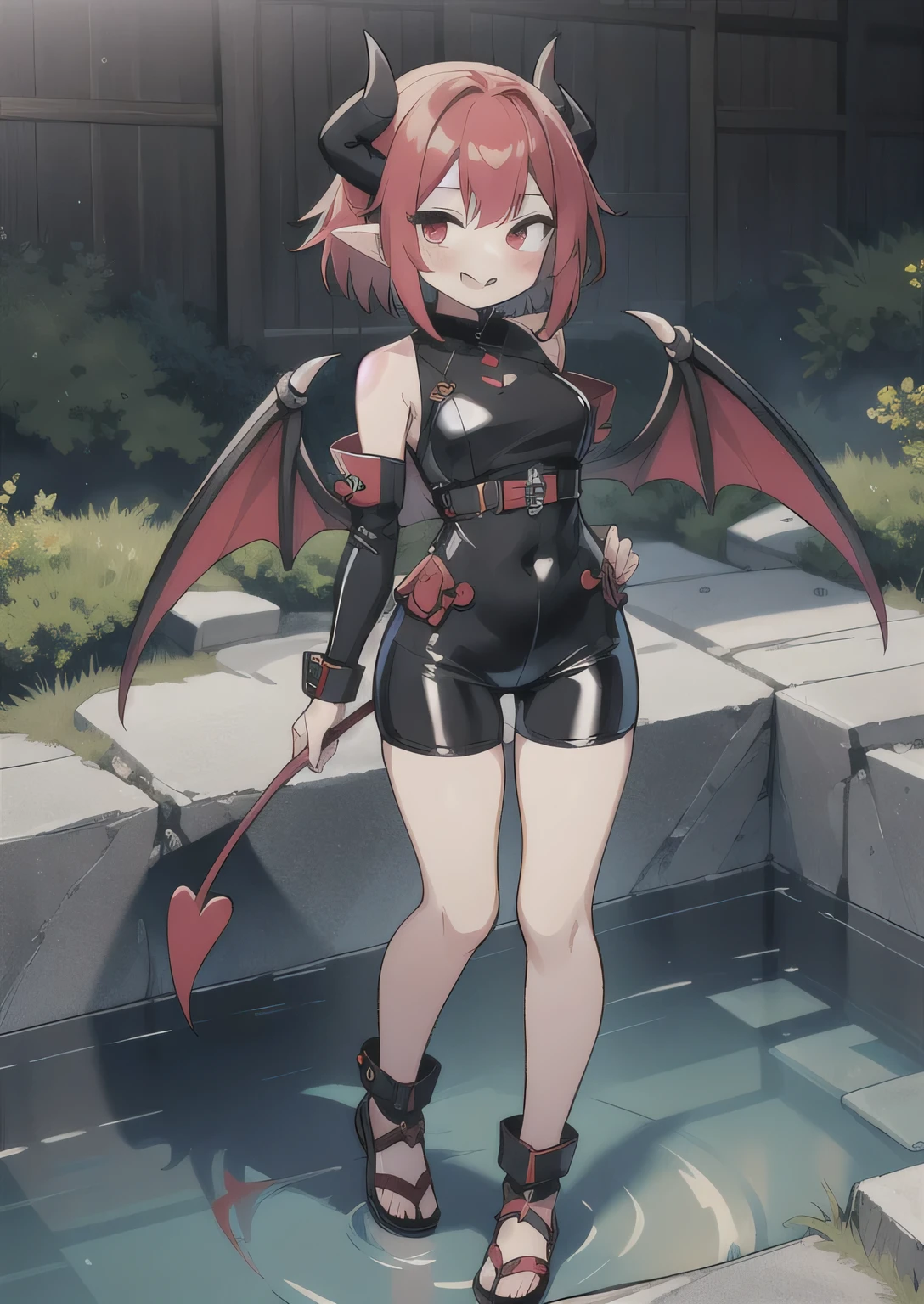 8K, 1girl, petit, adult. kawaii vampire, crimson hair, short hair, red eyes, fang, bat wings, smile, (blush), (shy), pointed ears, looking at viewer,  dynamic angle, wind, game cg, fantastic scenery, devil tail,  demon tail, thin tail, black horns, medium breast, show full body, hot springs, yokai, yokai pet, monster, latex outfit, latex, sexy, horny, shiny