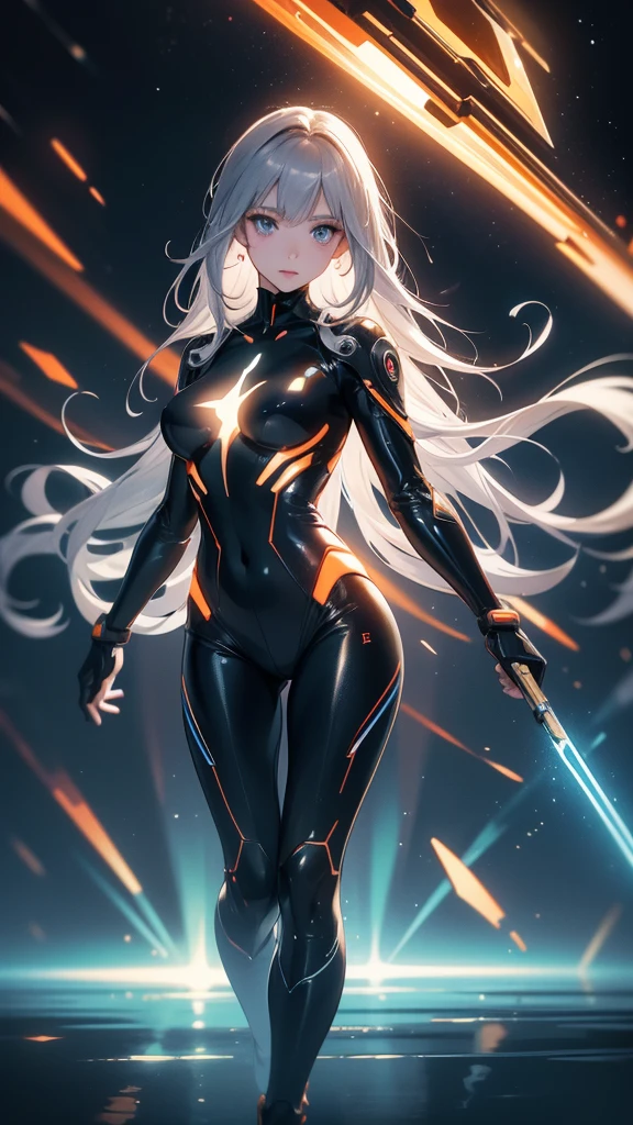 masterpiece, best quality, 8k, anime girl, full body, floating, imponent position, standing in center, tight hightech black bodysuit, no helmet, orange glowing parts, medium grey hair, hazel magnificent eyes, matching parts, extreme detailed, futuristic city background, dusk, glowing stars in the sky, light crossing behind like a god aura, realistic ilumination.
