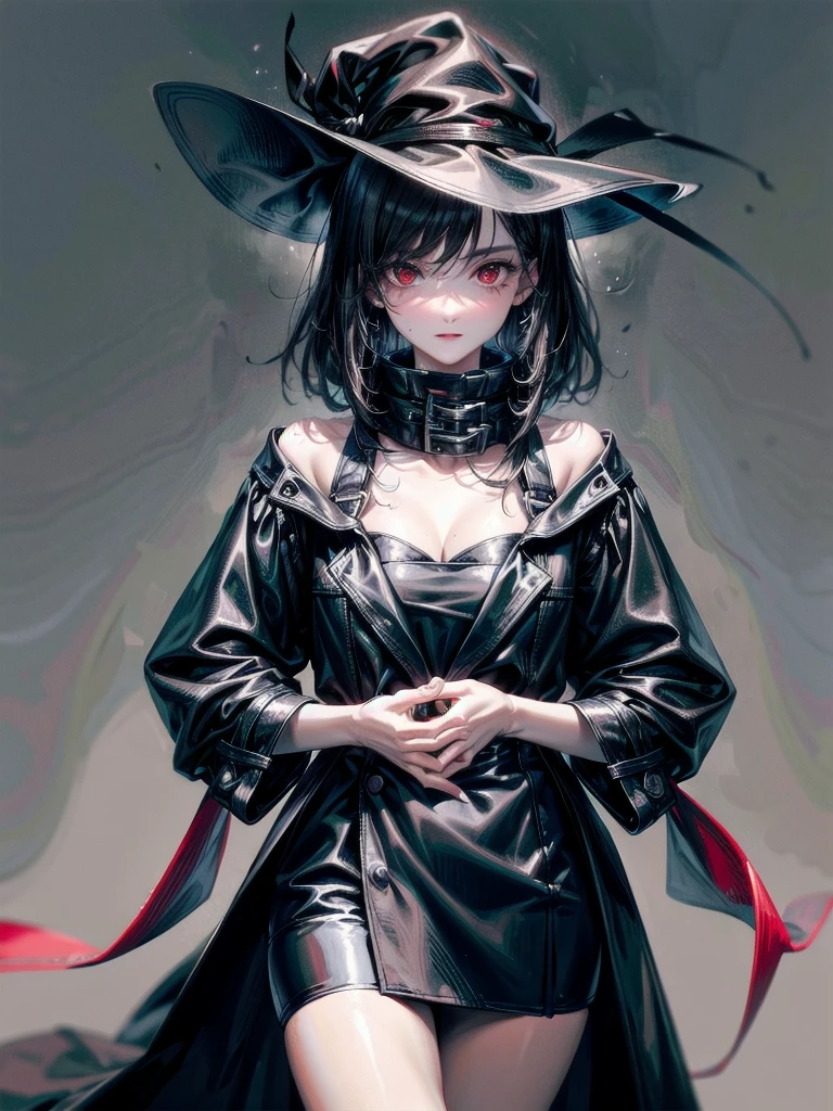 black French hat, black trench coat, Black scarf, Gauze wrapped around the neck, absurdres, RAW photo, extremely delicate and beautiful, masterpiece, Best Quality, ultra high resolution, 32k, hyperrealistic, ultra-detailed, detailed description, pale skin, 20 years old, tearful mole, earring, short medium hair, wavy hair, full body shot, legs, Red eyes,