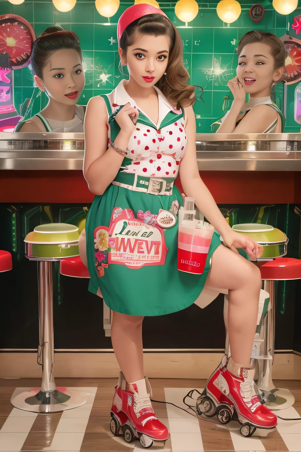 18 year old pretty girl, light natural makeup, '50s milkshake, retro style, neon lights, jukebox, roller skates, polka dot dress, milkshake bar, cherry on top, timeless fashion.