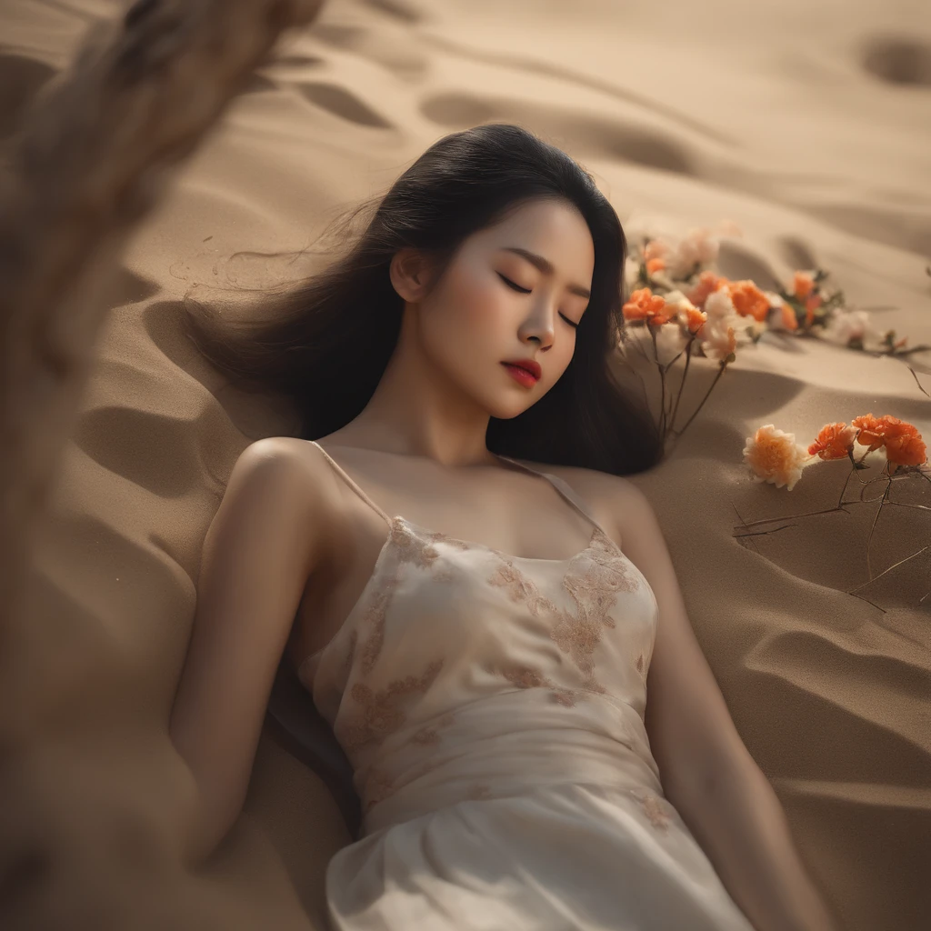 (best quality, 4k, 8k, masterpiece:1.2), ultra-detailed, (realistic, photorealistic, photo-realistic:1.37), photograph, beautiful lifeless Chinese girl's body, sand covering her, closed eyes, lifeless, flowers, sand surrounding her body, inside of a grave