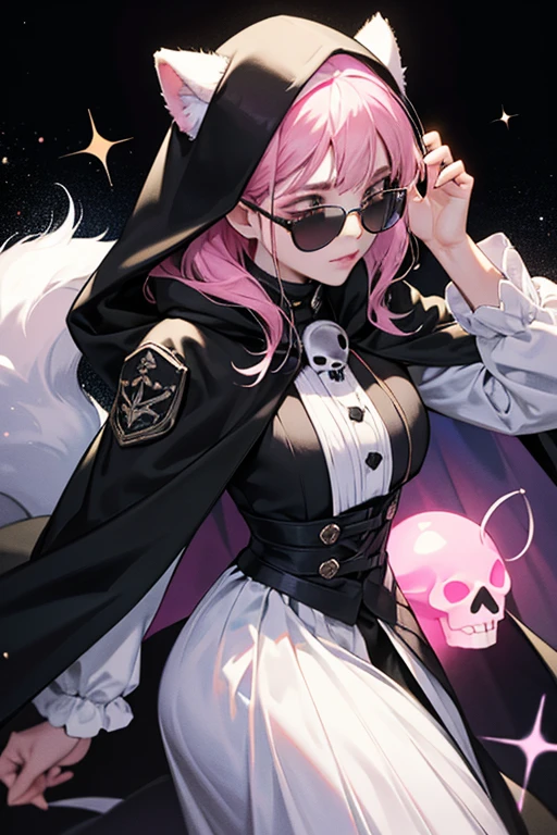 she has white fur, a fluffy white tail, a black cape with a pink skull clasp, sunglasses, and a black hood that covers her ears. SPARKLE; GLITTER