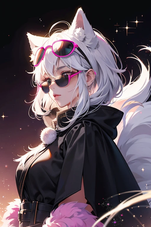 she has white fur, a fluffy white tail, a black cape with a pink skull clasp, sunglasses, and a black hood that covers her ears. SPARKLE; GLITTER
