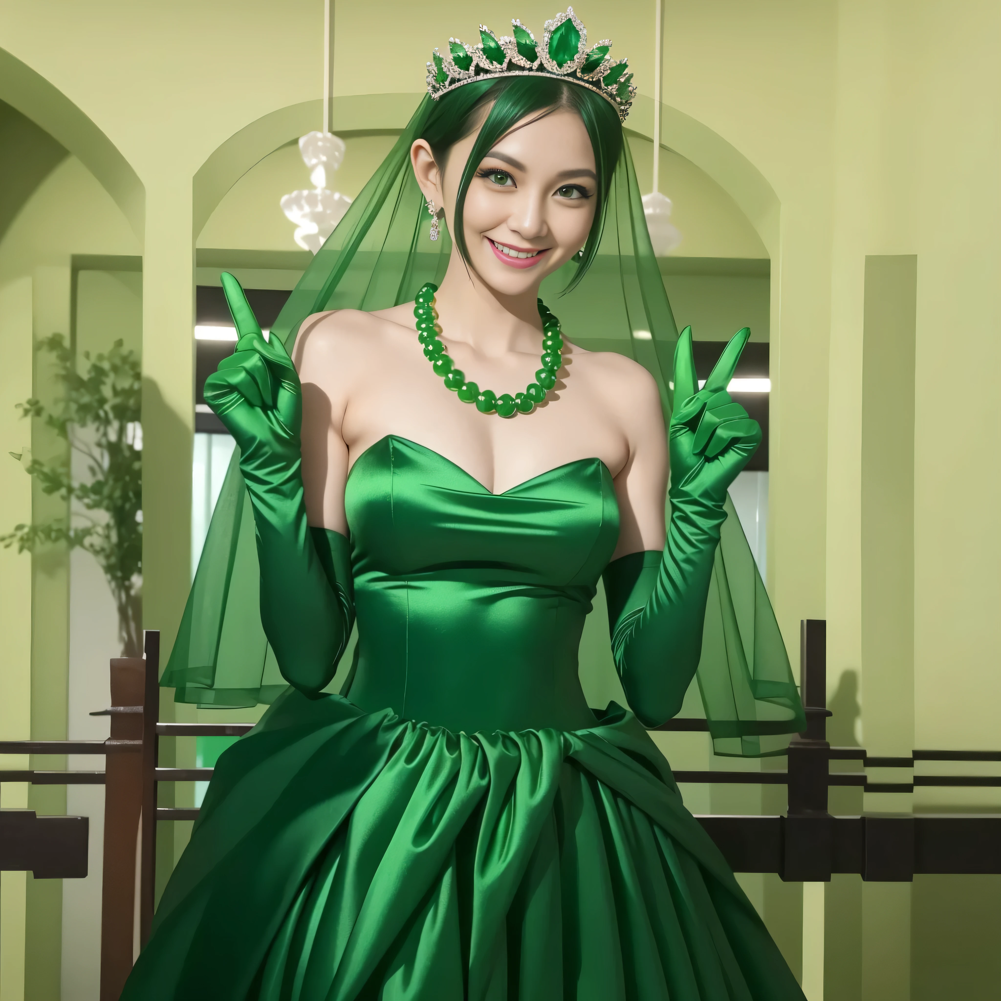 Emerald tiara, Green Pearl Necklace, Boyish very short green hair, lipstick, Smiling Japanese woman, Very short hair, Big and beautiful, Green Eyes, Long green satin gloves, Green Eyes, v sign, Emerald Earrings, Green veil