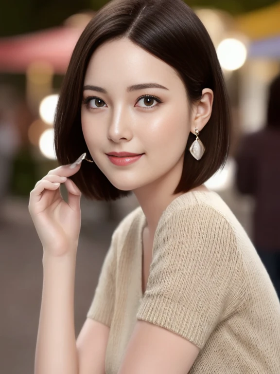 （masterpiece）、(highest quality:1.5)、(16k wallpaper:1.2)、(Photorealistic:1.2)、(Ultra-detailed:1.2)、(超A high resolution:1.2),(Surreal),  (High resolution), (Very detailed), (Professional), (Realistic), (Post-processing),  (Very detailed),(Sharp focus), Sharp focus:1.2,Photorealistic, Ultra-realistic, Backlight, Bright light, (Improvement of quality:1.4),

Healthy thighs、Narrow waist、Big Ass、（Beautiful legs）、((Perfectly detailed five-fingered hands)),（Anatomically correct body）、((1 female:1.4))、Realistic Skin、（Small chest：1.4）,Pretty woman with perfect figure:1.4,(from the front:1.5), (Enhances the beauty of skin texture:1.1),

 (Beautiful fine details), (Detailed face),Beautiful realistic face,No makeup、美しいBlack Hair、Super Beauty、The best smile、Natural color lip、（Even bangs）、((29-year-old woman))、Bob Hair、Hair blowing in the wind, (Black Hair, Iris, Watery eyes, Shining Eyes, Short bob cut hair, Small earrings, Lightly reddish), Hair behind the ear、No makeup、(Drooping eyes)、Drooping eye corners、It&#39;s dynamic、
Standing posture、mini skirt、Knit shirt、The background is a night amusement park、