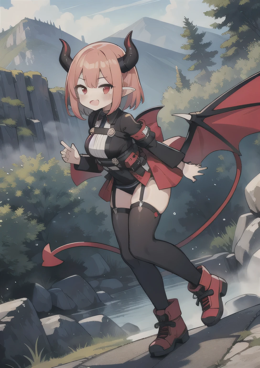 8K, 1girl, petit, adult. kawaii vampire, crimson hair, short hair, red eyes, fang, bat wings, smile, (blush), (shy), pointed ears, looking at viewer, dynamic angle, wind, game cg, fantastic scenery, devil tail, demon tail, thin tail, black horns, medium breast, show full body, hot springs, yokai, yokai pet, monster, latex outfit, latex, sexy, horny, shiny