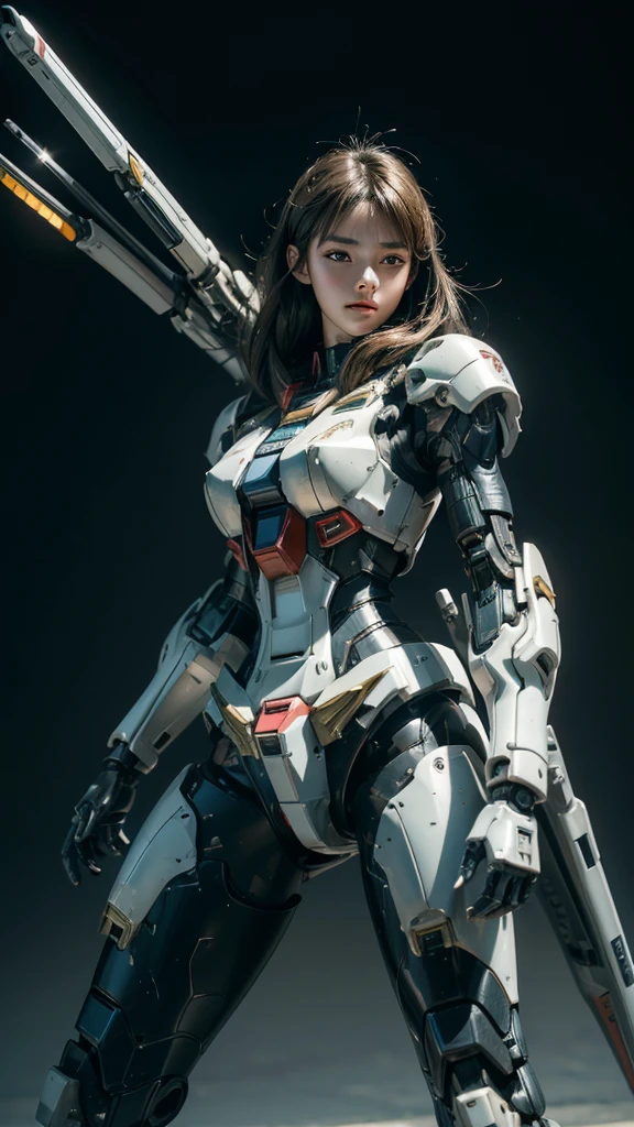 Textured skin, Super Detail, high details, High quality, Best Quality, hight resolution, 1080p, hard disk, Beautiful,(Gundam Girl),beautiful cyborg woman,Mecha Cyborg Girl,Battle Mode,Girl with a Mecha Body,She wears a futuristic Gundam mecha,Fulll body Shot,Mobile Suit 