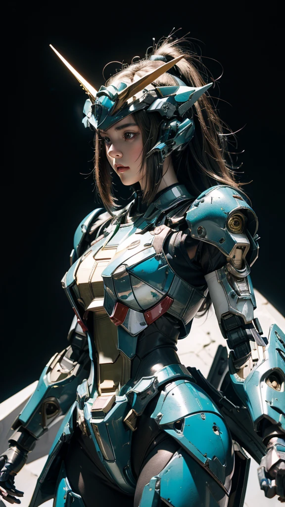 Textured skin, Super Detail, high details, High quality, Best Quality, hight resolution, 1080p, hard disk, Beautiful,(Gundam Girl),beautiful cyborg woman,Mecha Cyborg Girl,Battle Mode,Girl with a Mecha Body,She wears a futuristic Gundam mecha,Fulll body Shot,Mobile Suit 