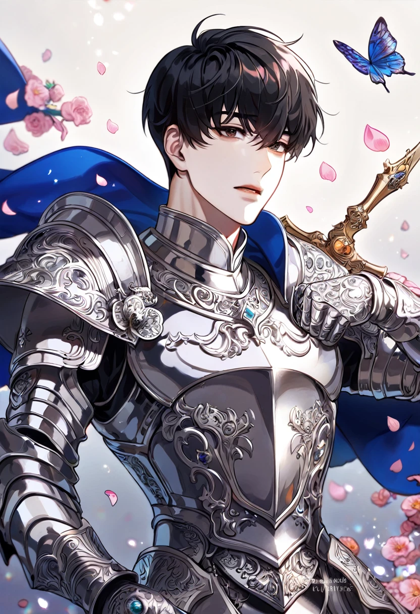 (absurdres, highres, ultra detailed, HDR) master piece, best quality, perfect face, delicated features, Kim Dokja, black hair, expressive brown eyes, Omniscient reader's viewpoint, solo, sexy man, handsome, silver armor, blue cape, knight, magical, holding a sword, petals, flowers, butterflies