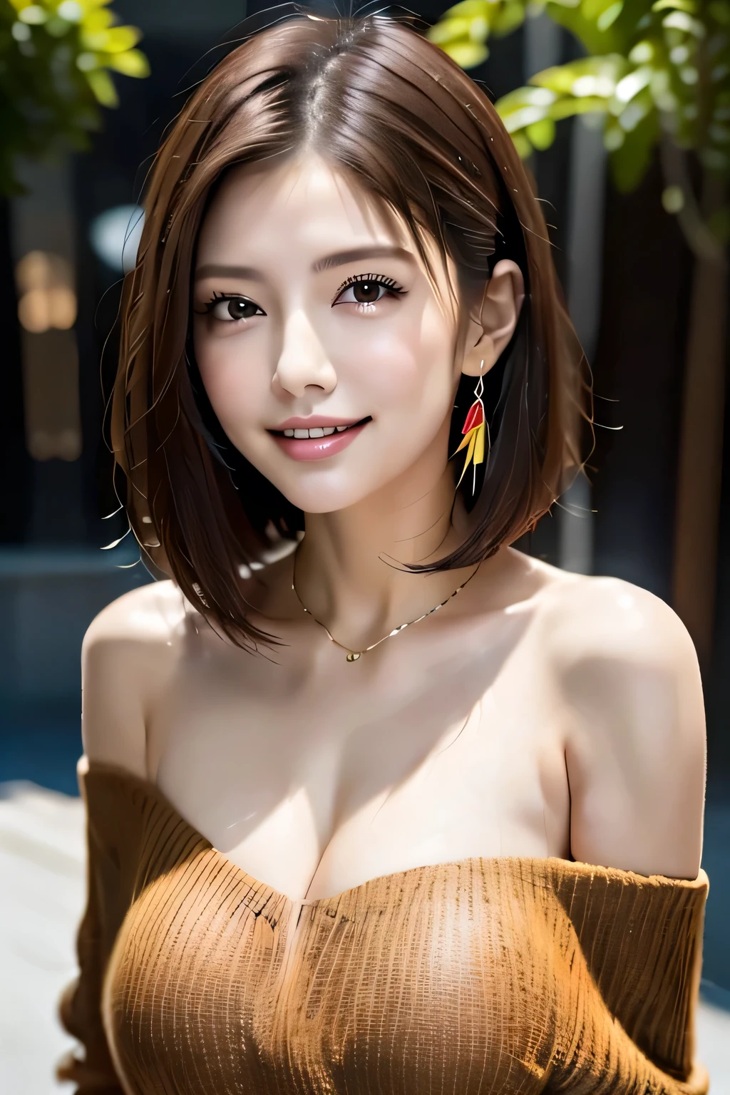 (8k, RAW Photos, highest quality, masterpiece, Realistic, Realistic), (1 female), (The ultimate beautiful middle-aged woman), Highly detailed face, (Perfect Teeth), Beautiful Eyes, double eyelid, eyelash, smile, Lip details, (Neat brunette bob), The light shines on your face, Big Breasts, ((Colorful mini dresses)), (front view), (background: none),  Background blur