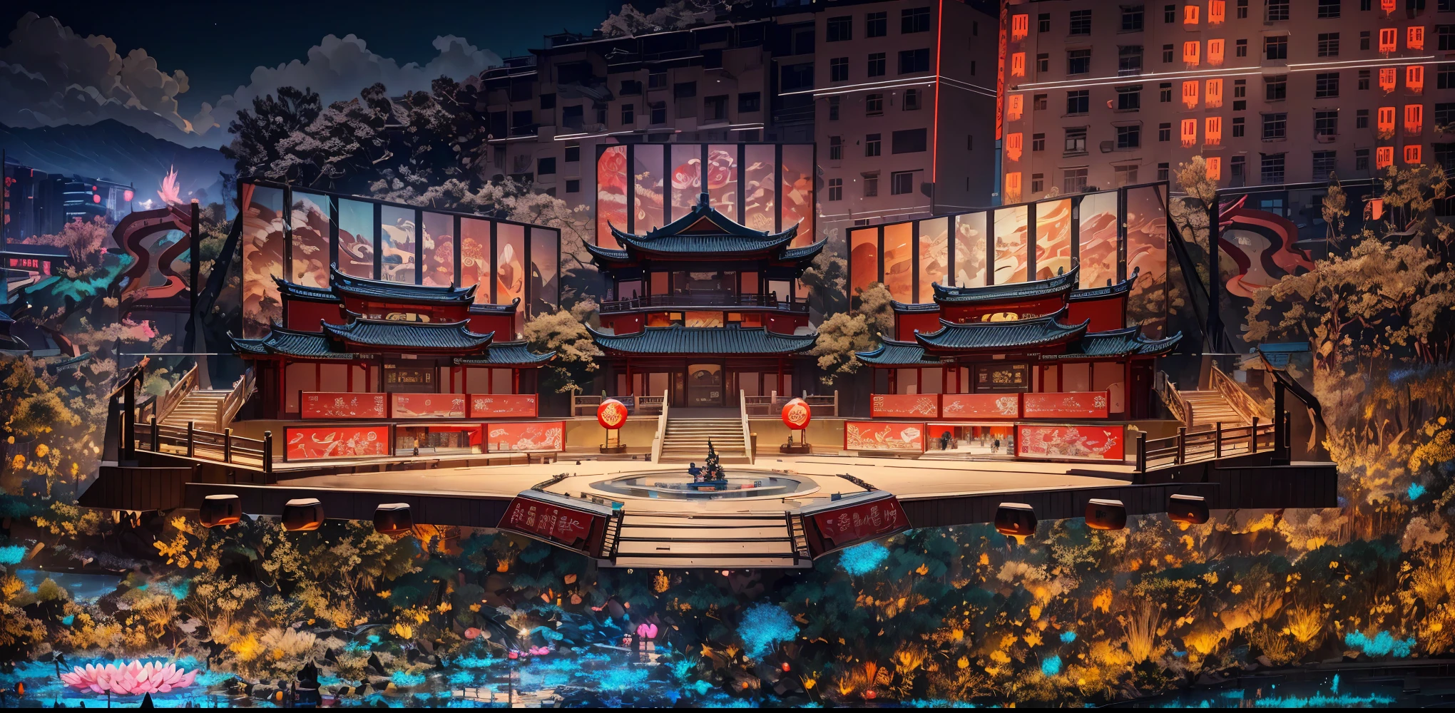 (high resolution,best quality,masterpiece:1.2) Creating an extraordinary open-air stage for Chinese opera in Wushan，Chinese Tang Dynasty，islands，Cherry blossoms and water lilies blooming at night，Large holographic display，image。The background is a tall building、Mountains、Dark Sky。Grand New Year Fireworks Show, Colorful fireworks display, Energetic, 捕捉现场Energetic的氛围 , Perfectly capture the intricate details of every exploding firework, Professional photography, Bright colors, Clear focus, A true portrait of stunning fireworks, Light up the night sky, Show the beauty of celebration, magnificent artistic depiction , Capturing the essence of the festive spirit, Carefully created works, Use studio lighting to highlight fireworks, Clever use of bokeh creates a dreamy and captivating atmosphere, Amazing fireworks display, Bring the excitement and joy of New Year celebrations to life.