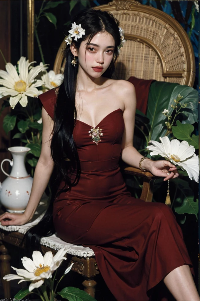(masterpiece, top quality, best quality,8k,17 years old girl,ultra detailed,raw photo:1.5),(photorealistic:1.4),(cinematic lighting), PerfectNwsjMajic, , Surrealism, UHD, ccurate, Super detail, textured skin, High detail, Best quality, dynamic angle, (high nose,White skin),[Beautiful eyes],[flat chest:large breasts:0.5],(1girl),(good anatomy:0.5))(Oil painting: 1.5),

\\

A woman with long black hair and white flowers in her hair sits in front of a Chinese landscape painting, red dress (Amy Saul: 0.248), (Stanley Ateg Liu: 0.106), (a detailed painting: 0.353), (Gothic art: 0.106)