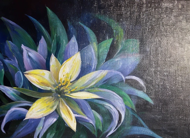 purple and yellow abstract impressionist painting of azaleas in bottom left corner of canvas, fade into dark background, water drops on the petals, focus on foreground, thick paint