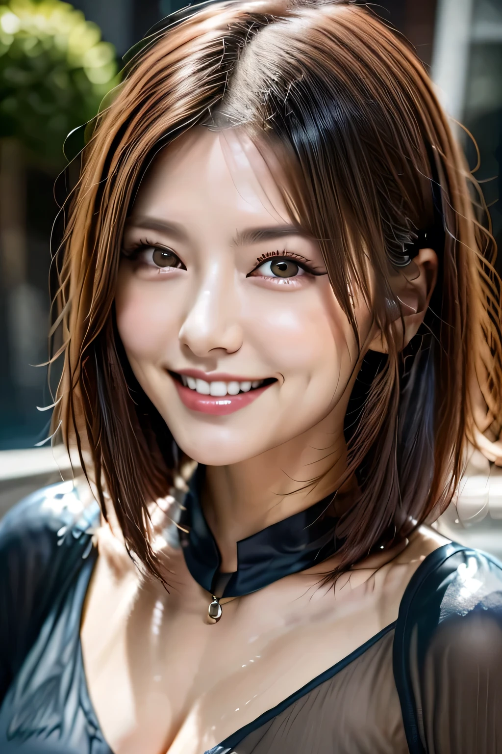 (8k, RAW Photos, highest quality, masterpiece, Realistic, Realistic), (1 female), (The ultimate beautiful middle-aged woman), Highly detailed face, (Perfect Teeth), Beautiful Eyes, double eyelid, eyelash, smile, Lip details, (Neat brunette bob), The light shines on your face, Big Breasts, ((Colorful mini dresses)), (front view), (background: none), Background blur