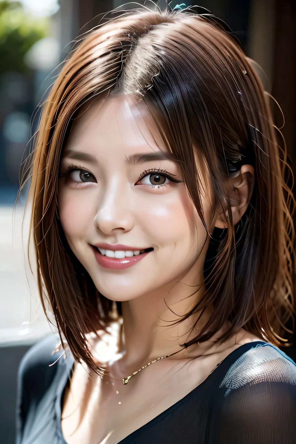 (8k, RAW Photos, highest quality, masterpiece, Realistic, Realistic), (1 female), (The ultimate beautiful middle-aged woman), Highly detailed face, (Perfect Teeth), Beautiful Eyes, double eyelid, eyelash, smile, Lip details, (Neat brunette bob), The light shines on your face, Big Breasts, ((Colorful mini dresses)), (front view), (background: none),  Background blur