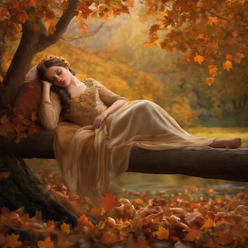 Best quality, masterpiece, meticulous details, intricate detail, a mystical autumn lady sleeping beauty