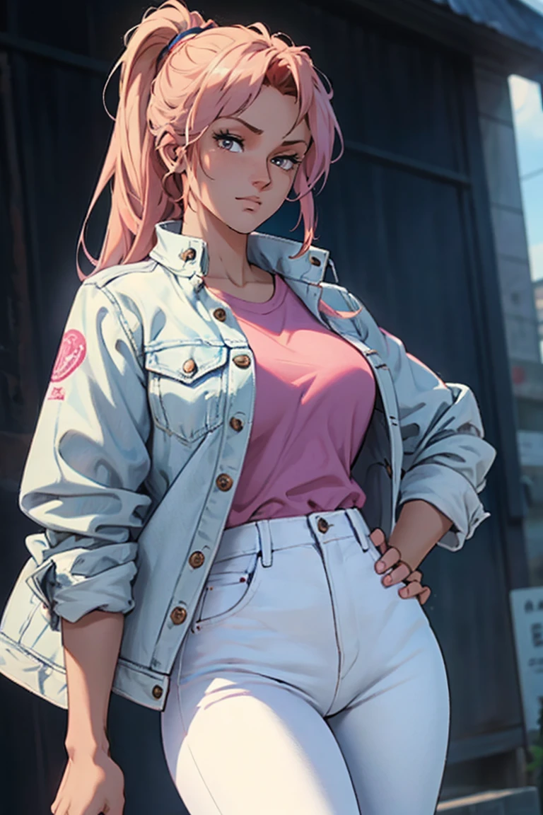 masterpiece, ultra quality, Beautiful detailed, extremely detailed,16K, exquisite, highres, Beautiful background, Beautiful eye, Beautiful skin, Bold line, anime style, chest focus, (Kaori stands with her hands on her hips, wearing a pink shirt over a white denim jacket and blue denim jeans.), Kaori, 1 girl, alone, 27 years old, gesturing with sexy genitals pose, cheeky pose, Tomboy, woman's whole body, perfect figure, anger, blush, erotic, fascinating, Charm, beautiful woman face, deep red eyes, well-shaped eyelashes, Perfect eyes, beautiful woman, slender body, beautiful big breasts, cleavage, perfectly chiseled abs, beautiful long legs), white denim jacket, pink t-shirt, Blue denim jeans, (perfect arms, perfect hands, perfect fingers, perfect anatomy), humid, humid, (looking at the viewer), indoor, perfect quality, good quality, masterpiece, HDR, UHD,