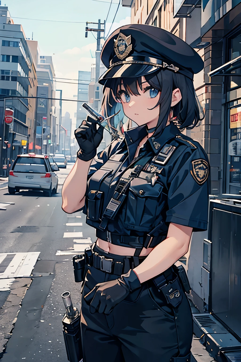 Police in gloves with syringes all over their bodies