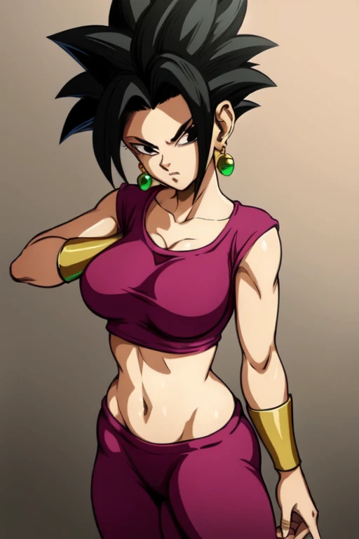 masterpiece,best quality,extreme detail,8k,kefla2,1girl,solo,breasts,looking at viewer,short hair,large breasts,black hair,navel,jewelry,collarbone,earrings green,pants,black eyes,crop top,spiked hair,cropped shirt,cowboy_shot,upper_body,