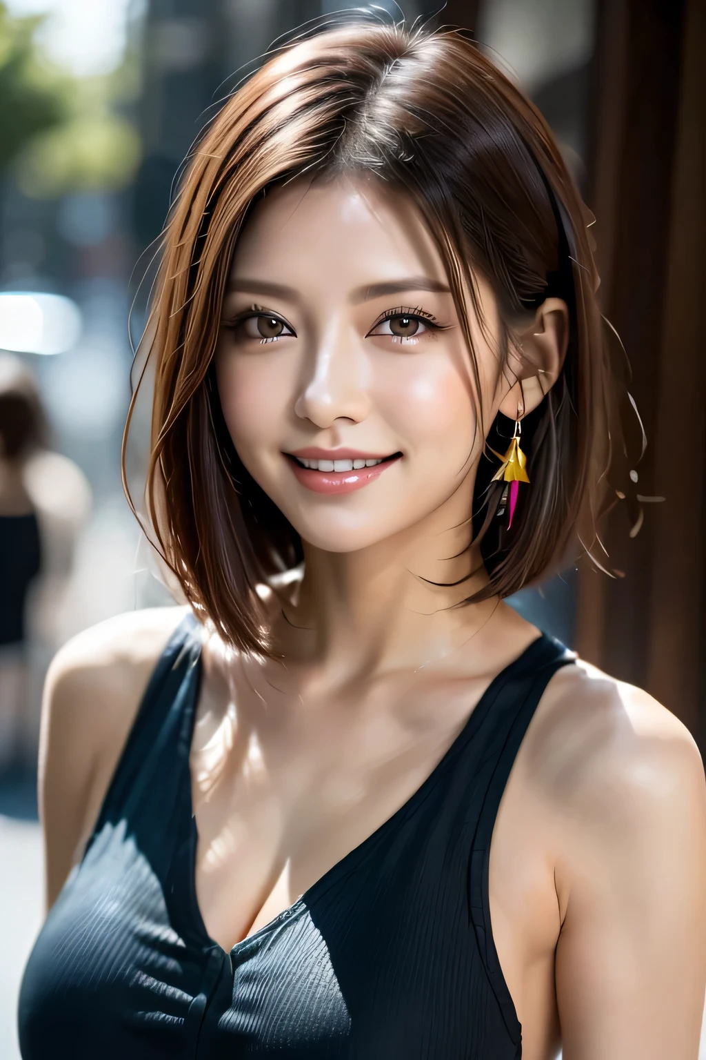 (8k, RAW Photos, highest quality, masterpiece, Realistic, Realistic), (1 female), (The ultimate beautiful middle-aged woman), Highly detailed face, (Perfect Teeth), Beautiful Eyes, double eyelid, eyelash, smile, Lip details, (Neat brunette bob), The light shines on your face, Big Breasts, ((Colorful mini dresses)), (front view), (background: none),  Background blur