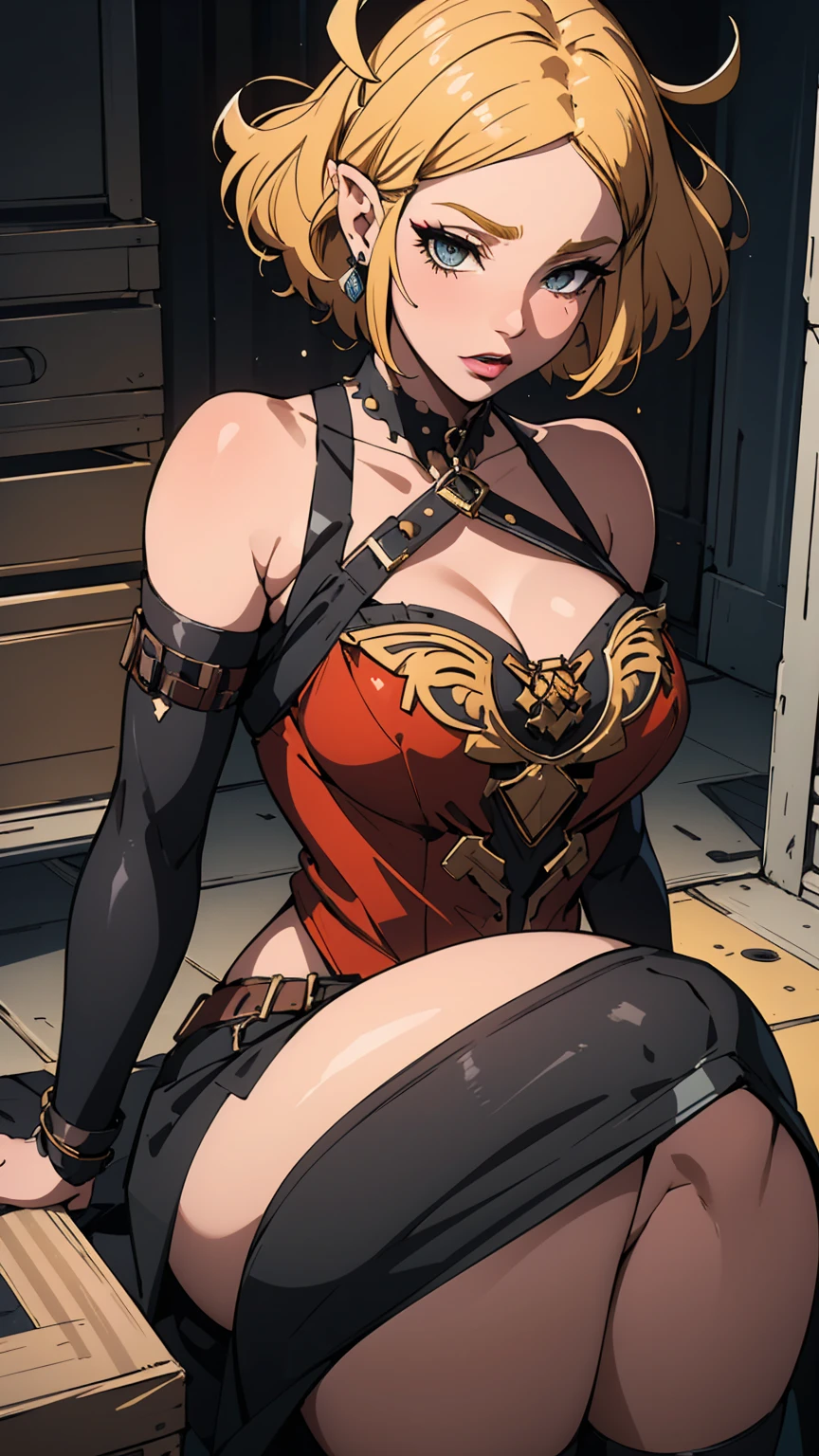 (masterpiece:1.2, best quality), (real picture, intricate details), (1lady, solo, curvy upper body, big ) The clothes are red and gold ar:avant-garde,avant-garde,Experiment with appearance:curlies,Dramatic makeup,Unconventional fashion choice behavior:rebelliousness、non-conformist、Provocation location:demon eyes,urban art district、Underground music venues Hobbies:Particiwpation in punk shows、creating mixed media art、Try different subcultural values:individuality、Realiy、Creative expression of inspiration:goth artmusic、Counterculture icons,Avant-garde art movement character traits:boldness、boldness、act outside the box