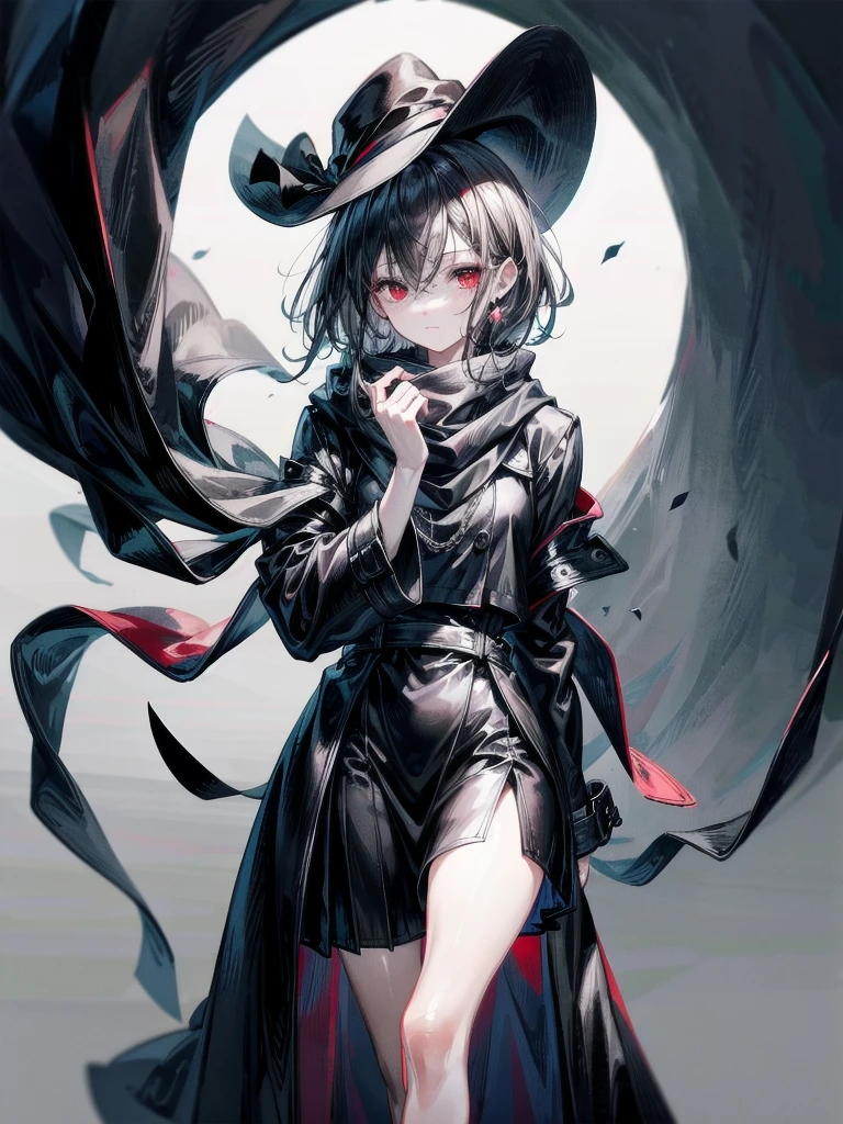 black French hat, black trench coat, Black scarf, Gauze wrapped around the neck, absurdres, RAW photo, extremely delicate and beautiful, masterpiece, Best Quality, ultra high resolution, 32k, hyperrealistic, ultra-detailed, detailed description, pale skin, 20 years old, tearful mole, earring, short medium hair, wavy hair, full body shot, legs, Red eyes,
