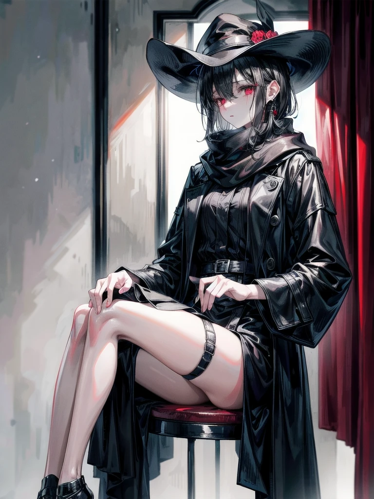 black French hat, black trench coat, Black scarf, Gauze wrapped around the neck, absurdres, RAW photo, extremely delicate and beautiful, masterpiece, Best Quality, ultra high resolution, 32k, hyperrealistic, ultra-detailed, detailed description, pale skin, 20 years old, tearful mole, earring, short medium hair, wavy hair, full body shot, legs, Red eyes,