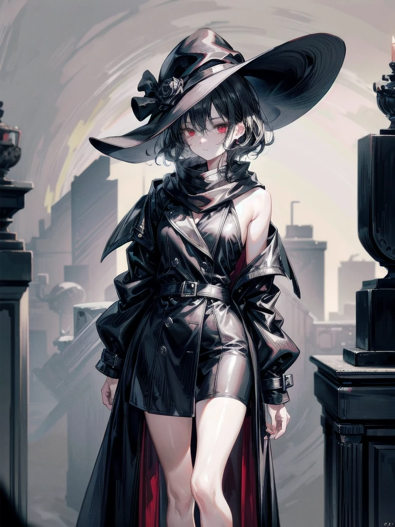 black French hat, black trench coat, Black scarf, Gauze wrapped around the neck, absurdres, RAW photo, extremely delicate and beautiful, masterpiece, Best Quality, ultra high resolution, 32k, hyperrealistic, ultra-detailed, detailed description, pale skin, 20 years old, tearful mole, earring, short medium hair, wavy hair, full body shot, legs, Red eyes,