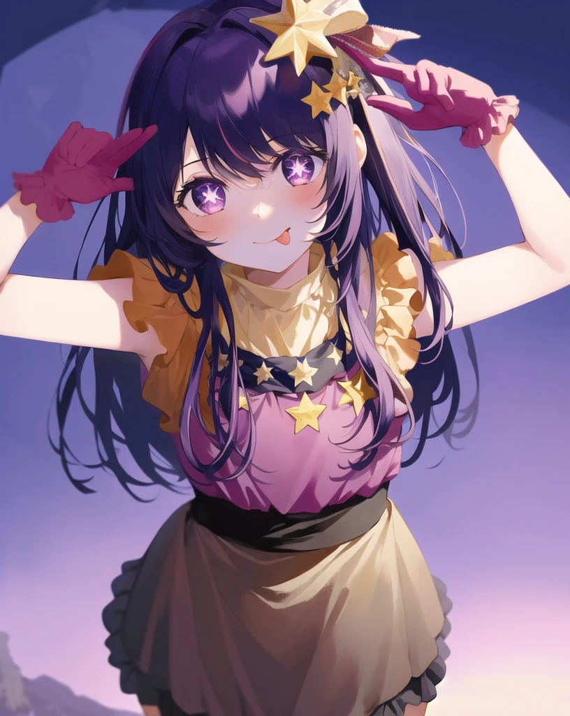 1girl, full body, cowboy shot,
(Rembrandt), illustration, (masterpiece), (best quality), (ultra_detailed), finely detail, (Depth of field),
HshinoAi,gloves, tongue out, tongue, long hair, star \(symbol\), looking at viewer, (purple hair:1.2), purple eyes, upper body, hair ornament, :p, frills, pink shirt, smile, sleeveless, shirt, idol, symbol-shaped pupils, hands up, bangs, one side up, star-shaped pupils, arms up,
dress pull,
Roaring Twenties, isometric, from above, sky, flower, cliff,
