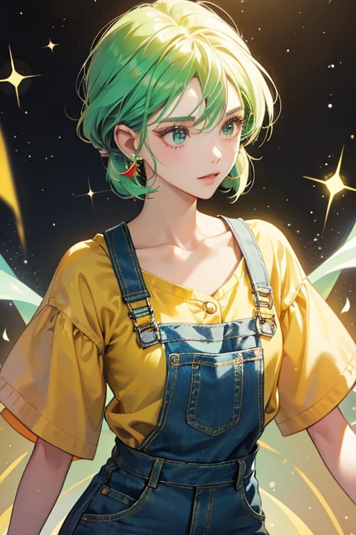 she wore a yellow shirt with light blue overalls and red buttons on them and she had a light green skin. SPARKLE; GLITTER