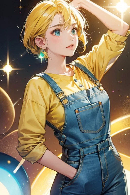 she wore a yellow shirt with light blue overalls and red buttons on them and she had a light green skin. SPARKLE; GLITTER
