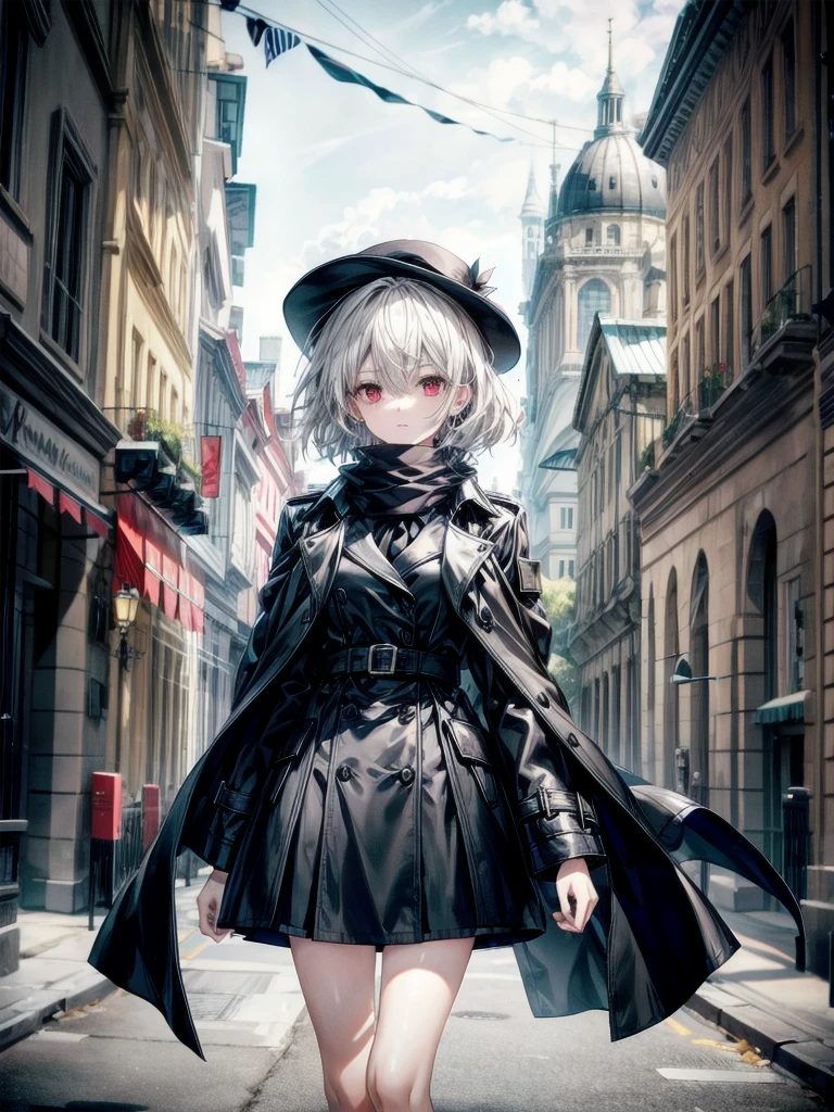 black French hat, black trench coat, Black scarf, Gauze wrapped around the neck, absurdres, RAW photo, extremely delicate and beautiful, masterpiece, Best Quality, ultra high resolution, 32k, hyperrealistic, ultra-detailed, detailed description, pale skin, 20 years old, tearful mole, earring, short medium hair, wavy hair, full body shot, legs, Red eyes,