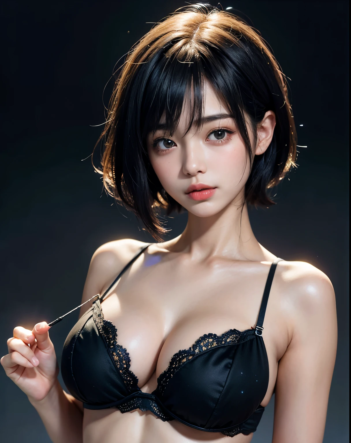 super highest quality、Face focus、Ultra-high resolution(Realistic1.5)、Raw photo、Japanese women、12age、Big Breasts(1.3)、one person、cute、Sparkle in the eyes、Childish but beautiful face、High resolution skin texture、Bob Hairstyle、Describe the whole body,Black Turkish Lingerie、Beautifully shaped hips、