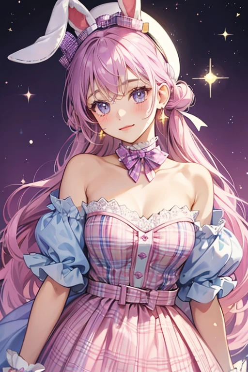 She is a lavender girl rabbit who wears a plaid pink hat with a spotted bow on her left ear and a ribbon choker on her neck. SPARKLE; GLITTER