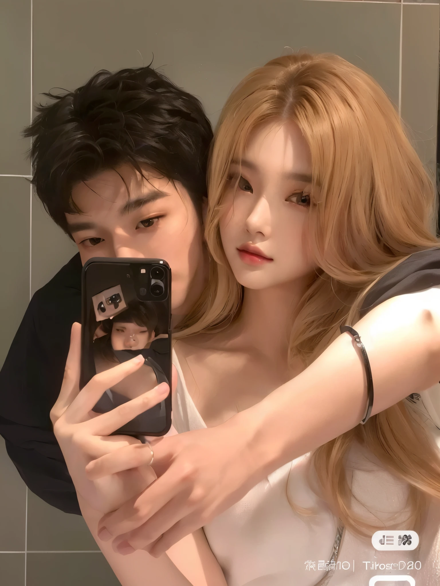 there is a man and a woman taking a selfie in the bathroom mirror, selfie enamorado, postura de pareja, ulzzang, 8k selfie photography, Loish y Ross Tran, Lalisa Manobal, yanjun chengt, nixeu y sakimichan, jin shan y ross tran, kim taejin, pareja adorable, cai xukun, selfie con iPhone