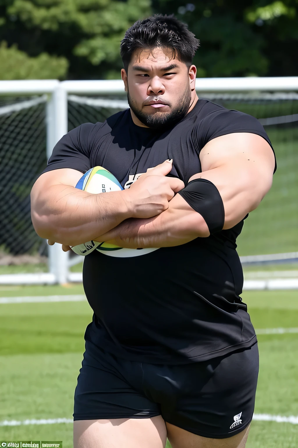 A large Japanese man wearing a tight black T-shirt、whole body、Rugby last week、Thick legs、Thick arm muscles、Intimidating、