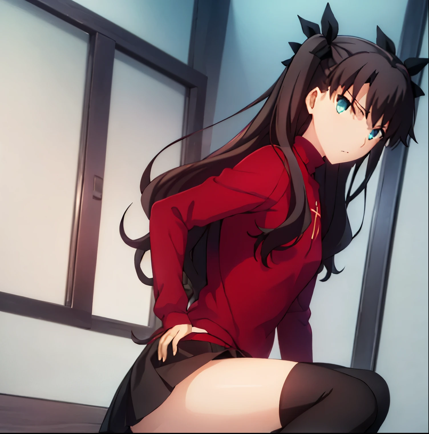 1girl, alone,Rin tohsaka,(masterpiece), best quality, expressive eyes, perfect face, aqua eyes, black hair, hair ribbon, long hair, ribbon, sidelocks, two side up, black skirt, black thighhighs, long sleeves, miniskirt, pleated skirt, ((red sweater)), skirt, sweater, thighhighs, turtleneck, city background, sitting, character sheet, full body, portrait,medium breasts, medium waist, wide hips, wide thighs, round butt, rom behind ,looking at viewer,pov (from below), perfect anatomy, perfect hands