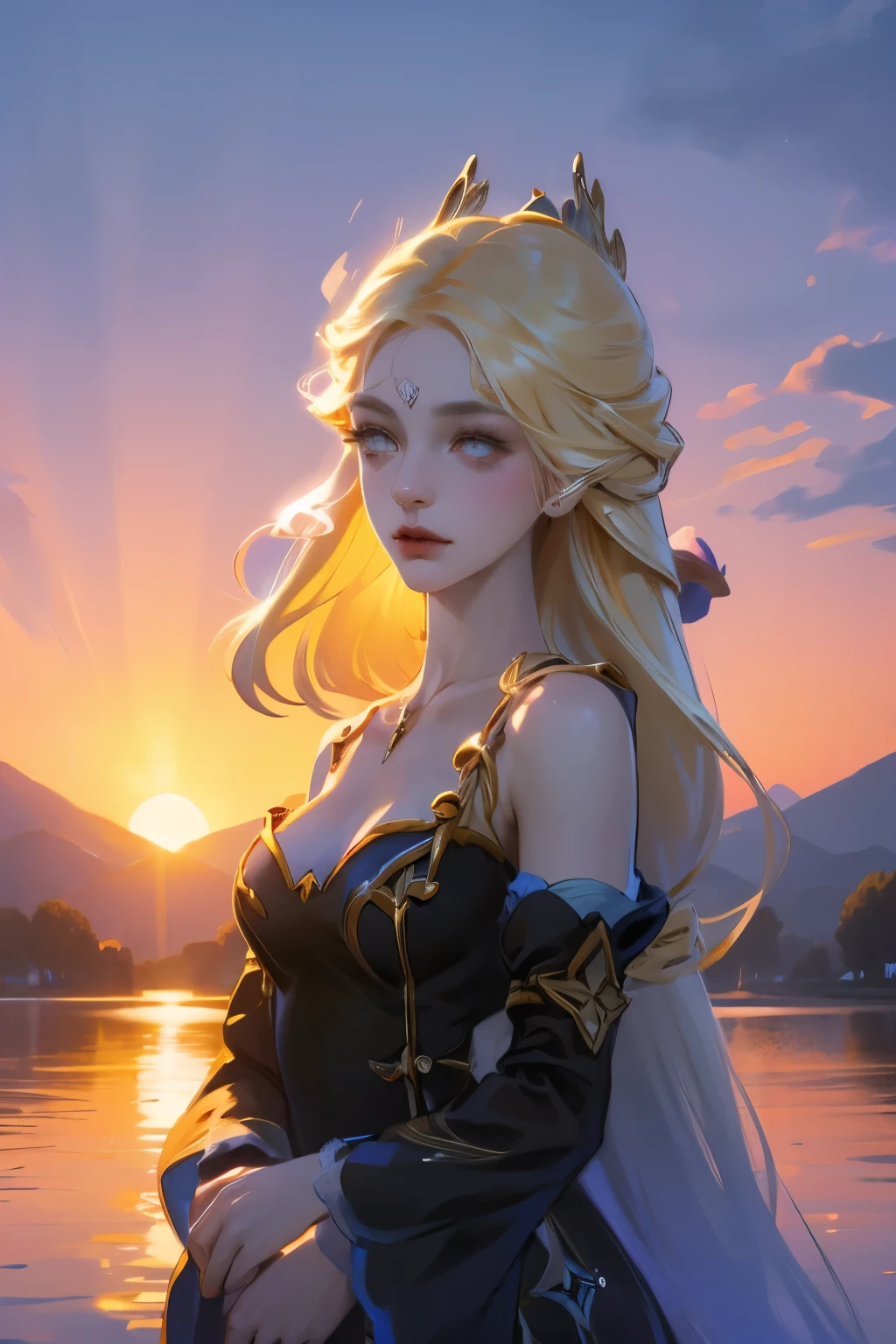1 girl, Calm expression, Charming eyes, Long straight hair, floating dress, Maintain a balanced posture, Porcelain skin, faint blush, Crystal PendantBREAK Golden Hour, (Edge lighting):1.2, Warm colors, Solar flares, Soft shadows, Vibrant colors, Painting effects, Dreamy atmosphereBREAK Scenic lake, Distant Mountains, willow, Calm Water, reflection, Sun shining clouds, Peaceful atmosphere, idyllic sunset, Super detailed, Official Art, Unity 8k Wallpaper , Zentangle, Mandala