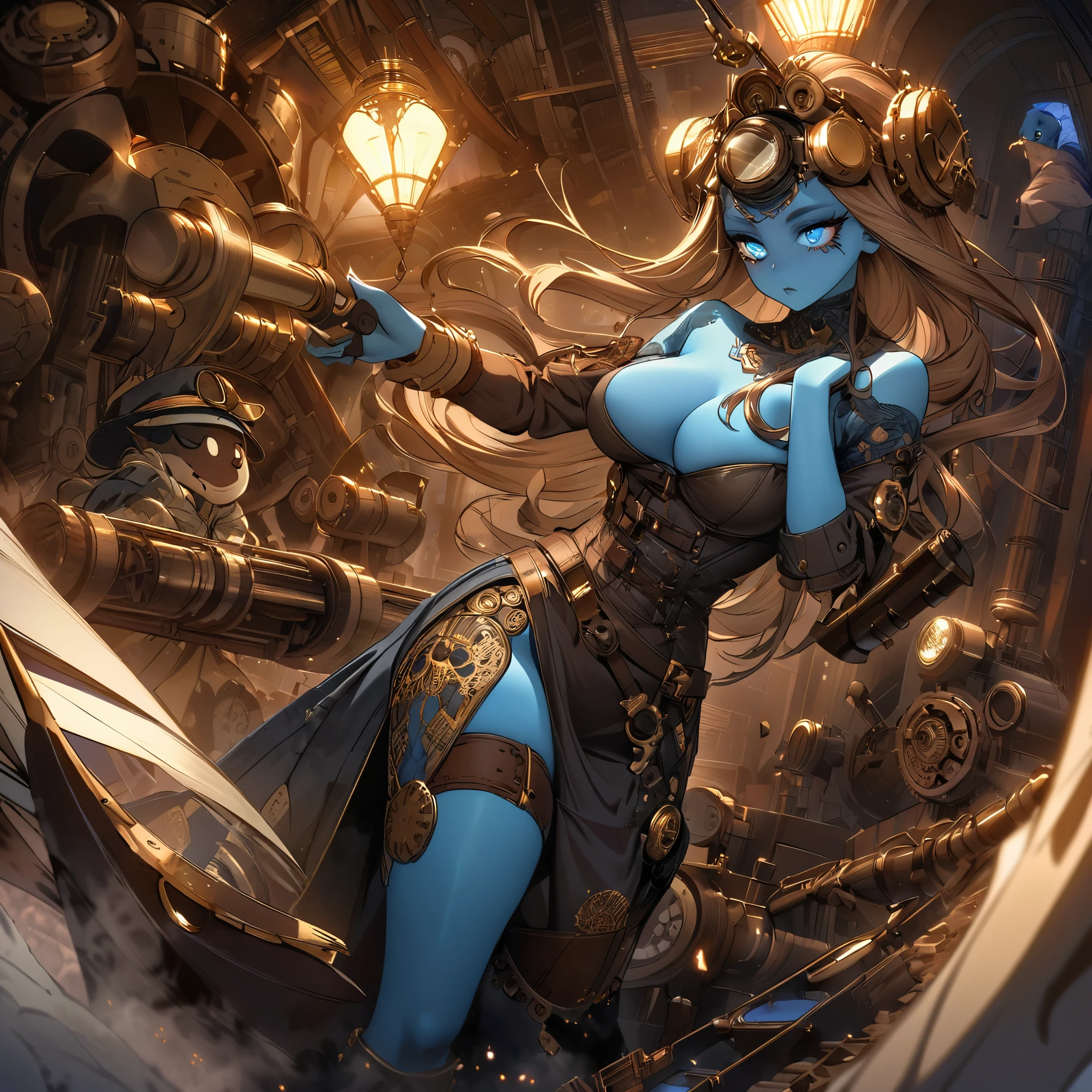 The queen of the mole people, a blue-skinned and gorgeous woman with mesmerizing doe eyes, has just driven her enormous and terrifying drilling machine into the lab, causing the floor to erupt. She is wearing a digger suit, which she now starts to take off. The steam punk-inspired scene is filled with intricate details, showcasing the blending of retro-futuristic elements and Victorian aesthetics. The drilling machine, covered in gears and pipes, exudes an aura of power and mechanical complexity. It emits plumes of steam and releases bursts of sparks as it pierces through the ground, leaving a trail of destruction in its wake. The machine's exterior is encrusted with rivets and adorned with elaborate engravings, reflecting the artistry of its construction. Surrounding the scene, the lab is a chaotic mess. Shattered glass and debris litter the floor, revealing hidden tunnels and secret passages leading to the mole people's underground kingdom. The walls are adorned with vintage scientific apparatus and steampunk-inspired machinery, with flickering gas lamps casting a dim but warm glow across the room. As the queen emerges from the machine, her blue skin glows with an ethereal radiance. Her eyes, captivating and full of depth, seem to hold a sense of mystery. Her lush, curled lashes frame her eyes, accentuating their beauty. The queen's dark, flowing hair cascades down her back, partially covering her backless corset and intricate leather attire. In the background, a group of mole people, with their pale and grubby skin, are gathered around in awe and reverence at their queen's entrance. They wear tattered clothing adorned with gears, goggles, and other steam punk accessories. Some wield primitive but intriguing underground weapons, ready to defend their queen and their homeland. The color palette of the scene reflects the steampunk aesthetic - a combination of warm earthy tones, brass tones, and deep blues. The lighting, characterized by the flickering gas lamps