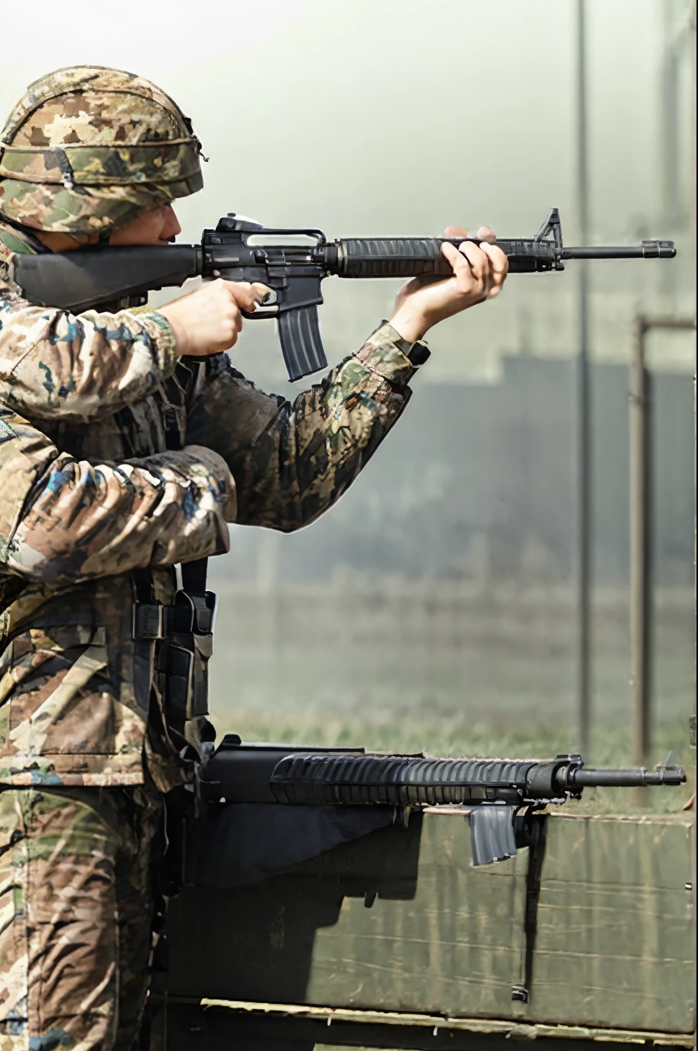 masterpiece, best quality, highres, 1man, male focus, solo, solo focus, holding weapon, holding gun, m16a2, trigger discipline, finger on trigger.