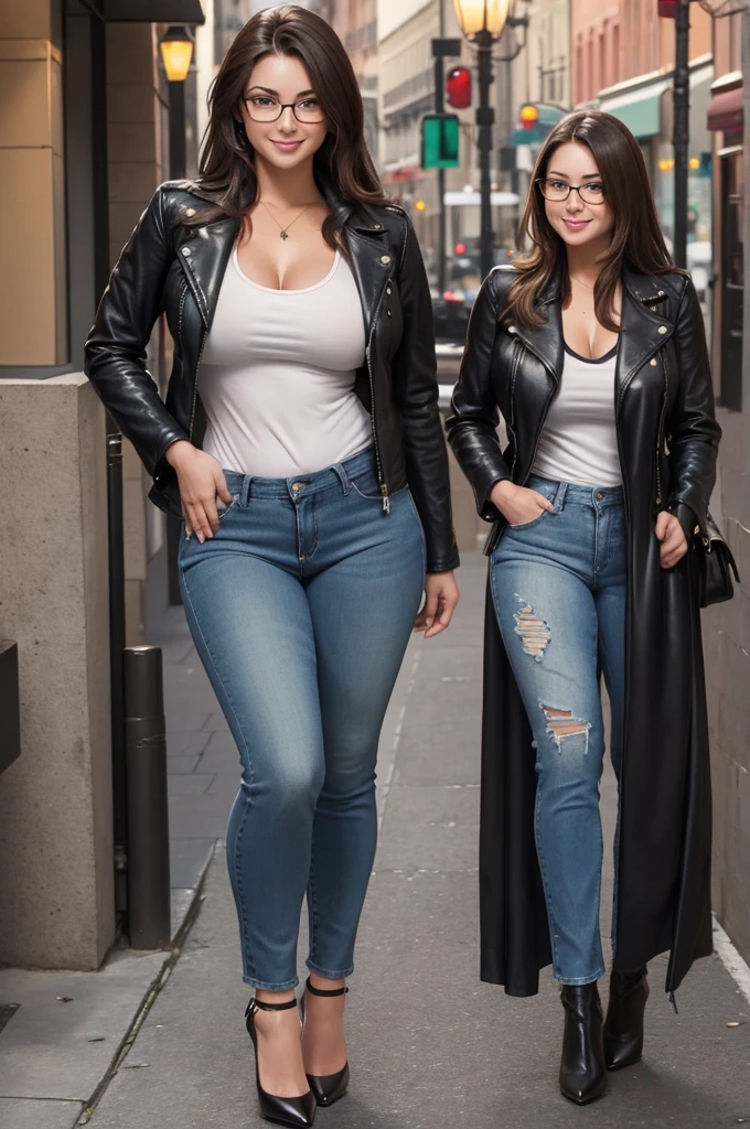 (full body:1.4),. cute 22 yo brunette Caucasian woman with green eyes. Sexy chubby figure, natural breasts, beautiful ass. Smile. Eyeglasses, leather jacket, tank top, blue jeans, high heels.