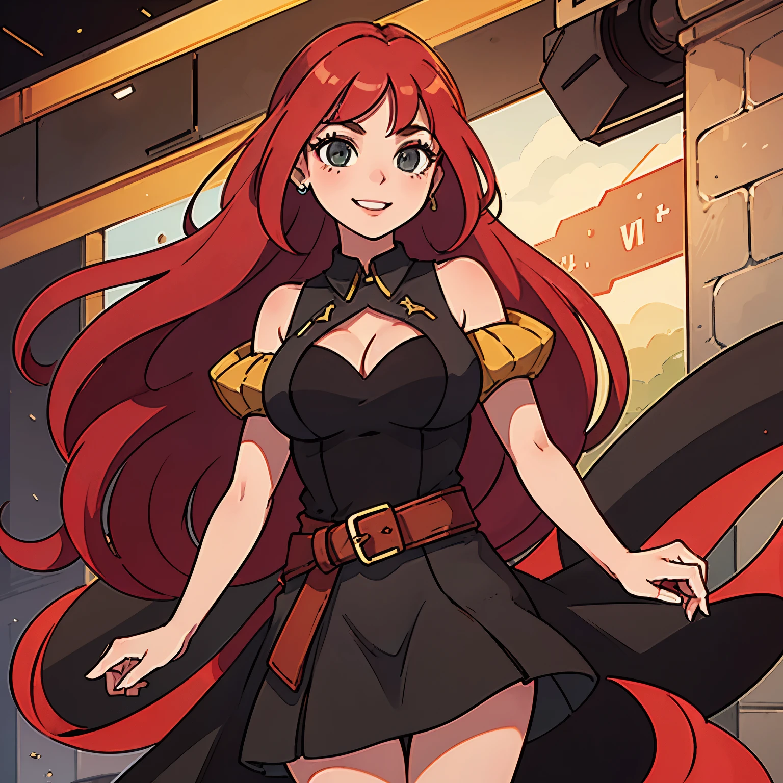 A twenty-year-old woman with brown skin, emerald-colored eyes, and long red hair that reaches below her waist. She is short in stature, has a slender build with moderately large breasts, and has soft lips and thick eyelashes. She is wearing a black dress and smiling slightly.